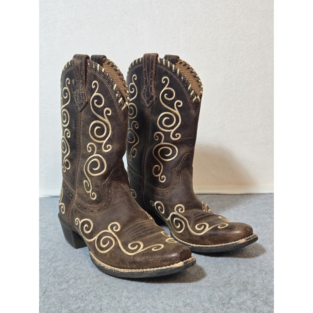 EUC ARIAT SHELLEEN  SIZE 13.5Y  WESTERN LEATHER BROWN BOOTS EMBROIDERED SCOLL